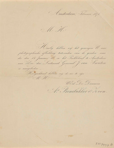 Letter about the photo of the vase offered to Lieutenant General Jan van Swieten, 1875, Fa. As. Bonebakker and Son, 1875 Canvas Print