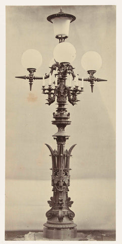 Lantern with four glass spheres and a glass cylinder in the middle, surrounded by a candlestick, the whole rests on a decorated bronze stand., Louis-Emile Durandelle, c. 1878 - 1881 Canvas Print