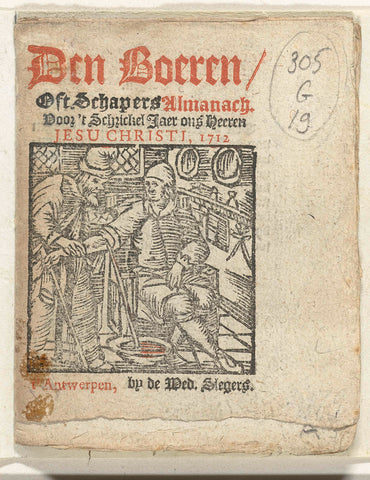 Title page for: Den Boeren / Oft Schapers Almanach Voor 't Schrickel Jaer ins Heeren Jesu Christi, 1712, anonymous, 1712 Canvas Print