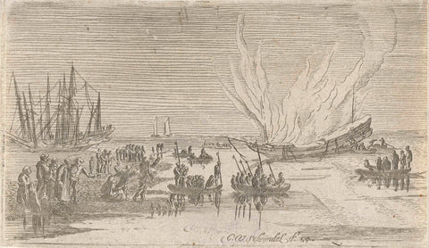 Burning ship, Gillis van Scheyndel (I), 1605 - 1653 Canvas Print