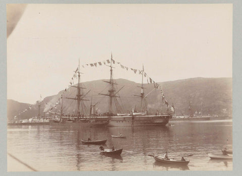 Rowing boats sail to and from the boats of Emperor Wilhelm II, located in a bay, Paul Güssfeldt (attributed to), 1889 Canvas Print