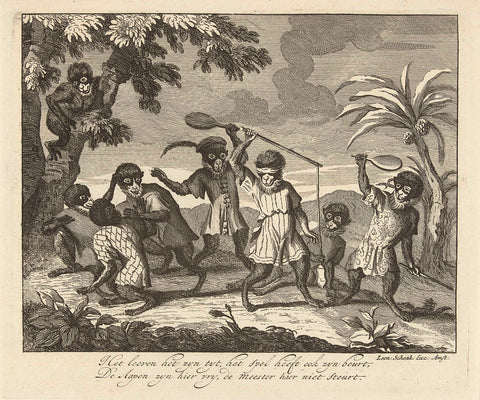 Playing Monkeys, Leonard Schenk (possibly), 1720 Canvas Print