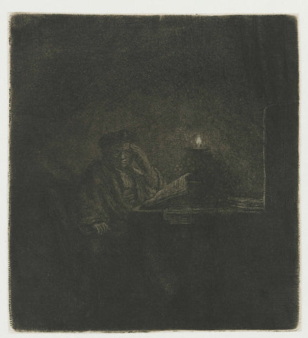 Student at a table by candlelight, Rembrandt van Rijn, c. 1642 Canvas Print