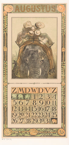 Calendar sheet August with elephant, Theo van Hoytema, 1905 Canvas Print