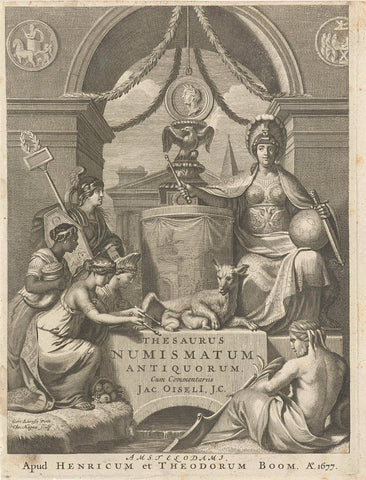 Allegorical figures at a triumphal arch, Christiaan Hagen, 1677 Canvas Print