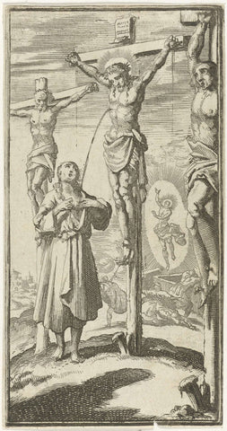 On Calvary, man receives a ray of blood from the crucified Christ in his own bosom, Jan Luyken, 1689 Canvas Print