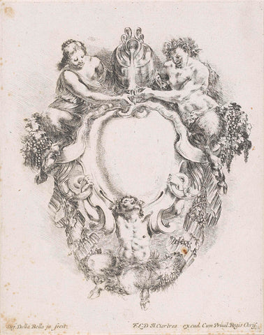 Cartouche with two male and a female satyr and a jug with wine, Stefano della Bella, 1646 Canvas Print