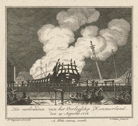 Warship Kennemerland on fire, 1778, Simon Fokke, 1778 - 1784 Canvas Print