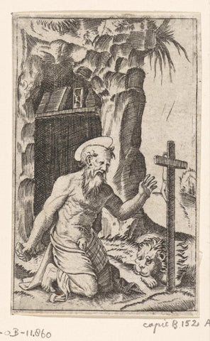 Saint Hieronymus kneeling at crucifix and lion, Marcantonio Raimondi, 1500 - 1575 Canvas Print