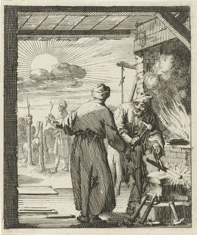 Two figures in a forge, Jan Luyken, 1689 Canvas Print