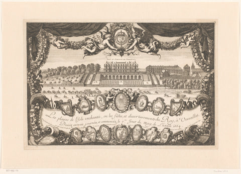 Title print overlooking Versailles Castle with procession of riders, Israel Silvestre, after 1664 Canvas Print