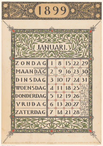 Calendar sheet for January 1899, Gerrit Willem Dijsselhof, 1898 Canvas Print