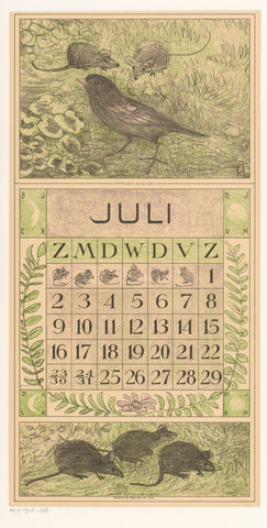 Calendar sheet July with bird and mice, Theo van Hoytema, 1915 Canvas Print