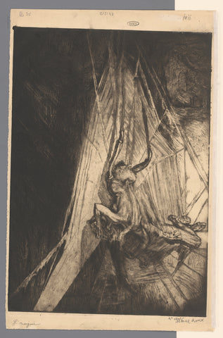 Spider web with humanoid spider that a man has caught in her web, Marcel Roux, 1910 Canvas Print