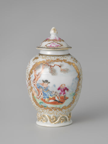 Ovoid tea caddy with European figures in landscapes, anonymous, c. 1740 - c. 1745 Canvas Print