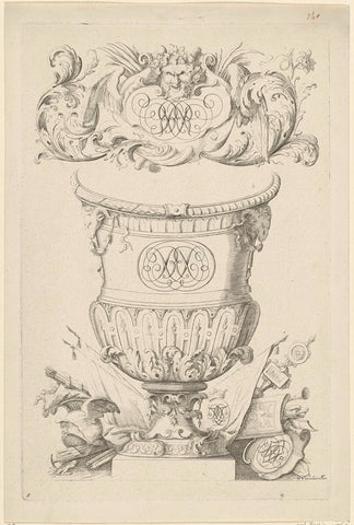 Garden vase with two monograms crowned with satyr head, Gerrit Visscher, 1690 - 1710 Canvas Print