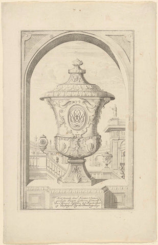 Tuinvaas met drie monogrammen op een balustrade, Gerrit Visscher, 1690 - 1710 Canvas Print